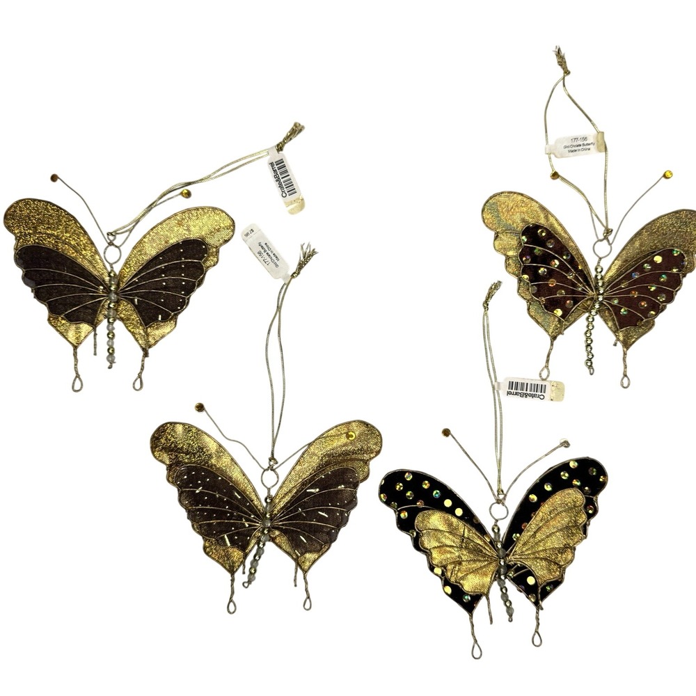 Set Of 4 NEW Crate & Barrel Butterfly Ornaments Gold Brown Glitter Vintage NWT